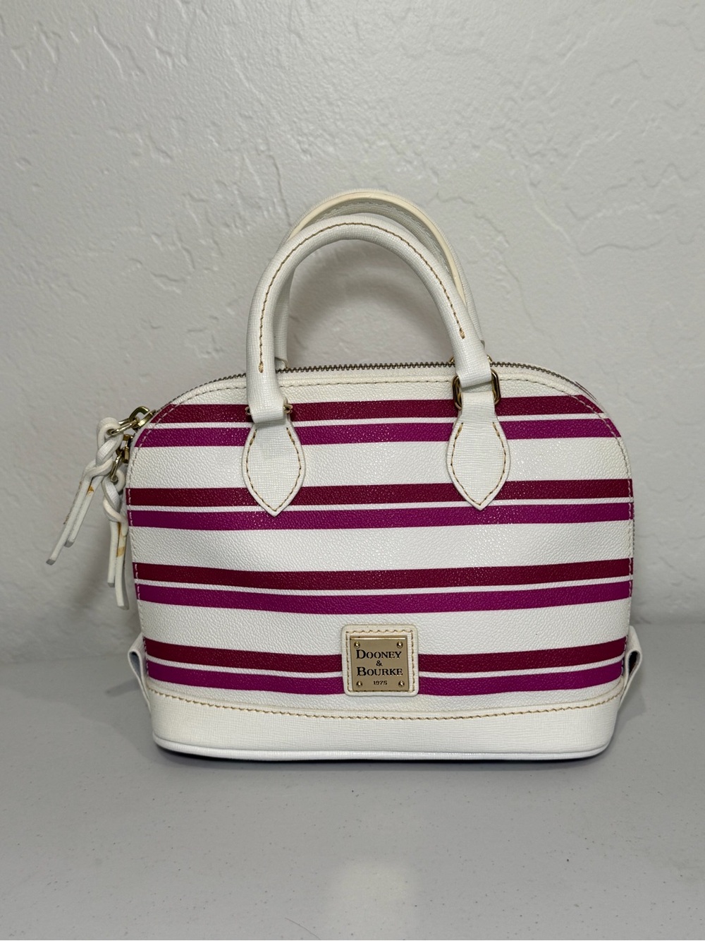 Dooney & Bourke White and Fuchsia Striped Mini Dome Satchel